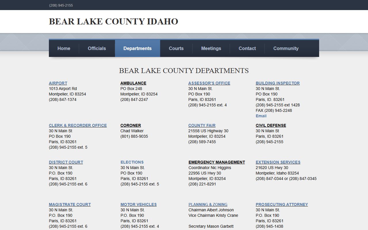 Bear Lake County clerk records departments directory