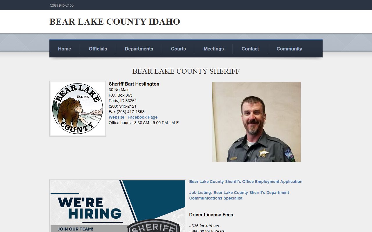 Bear Lake County arrest records sheriff source page