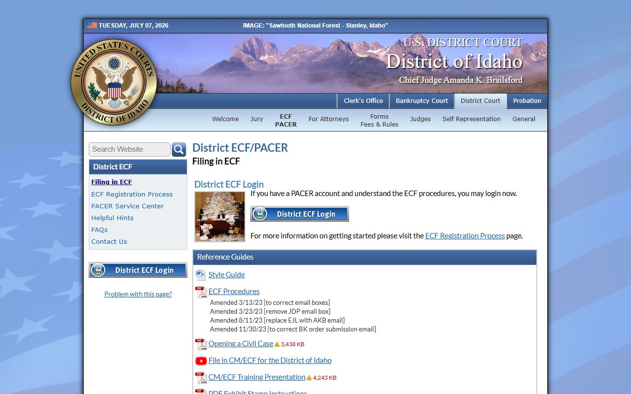 District of Idaho ECF and PACER information page