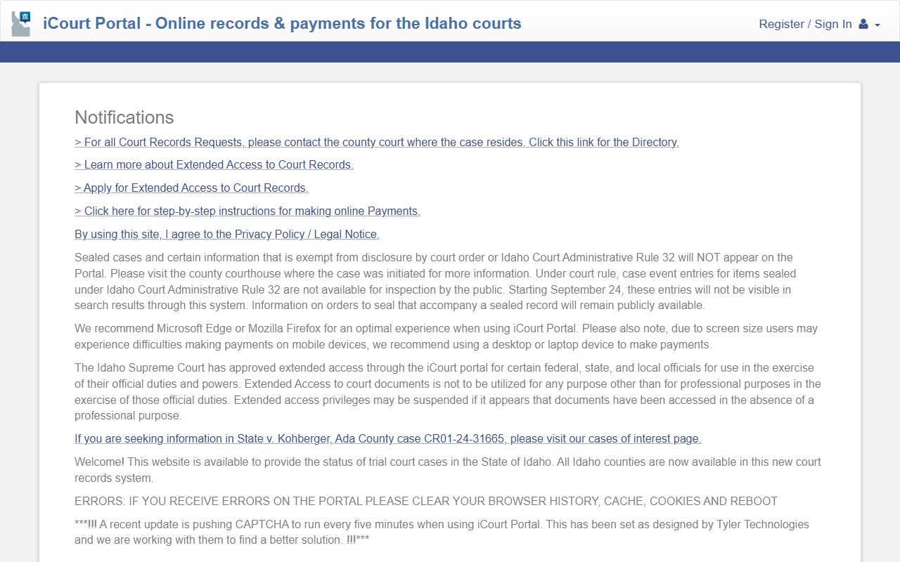 Idaho iCourt Portal search page for court docket lookup