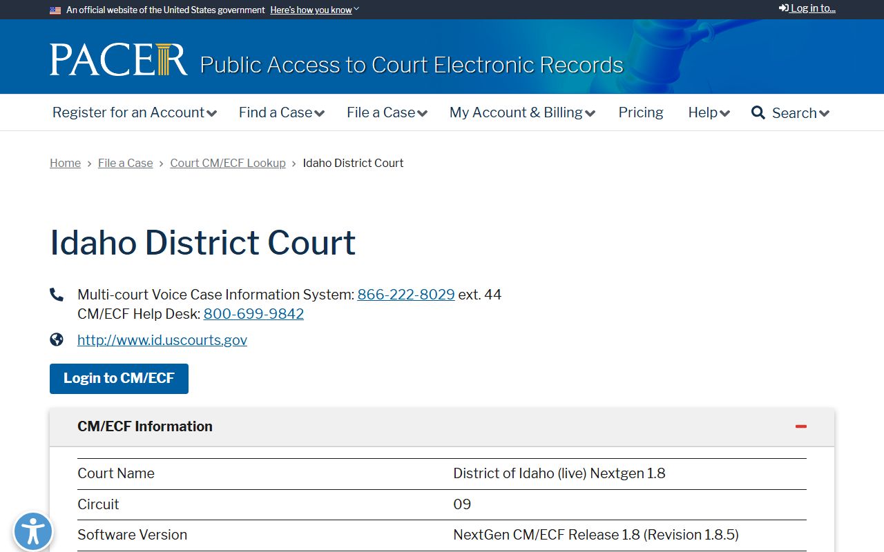 PACER lookup page for the federal District of Idaho
