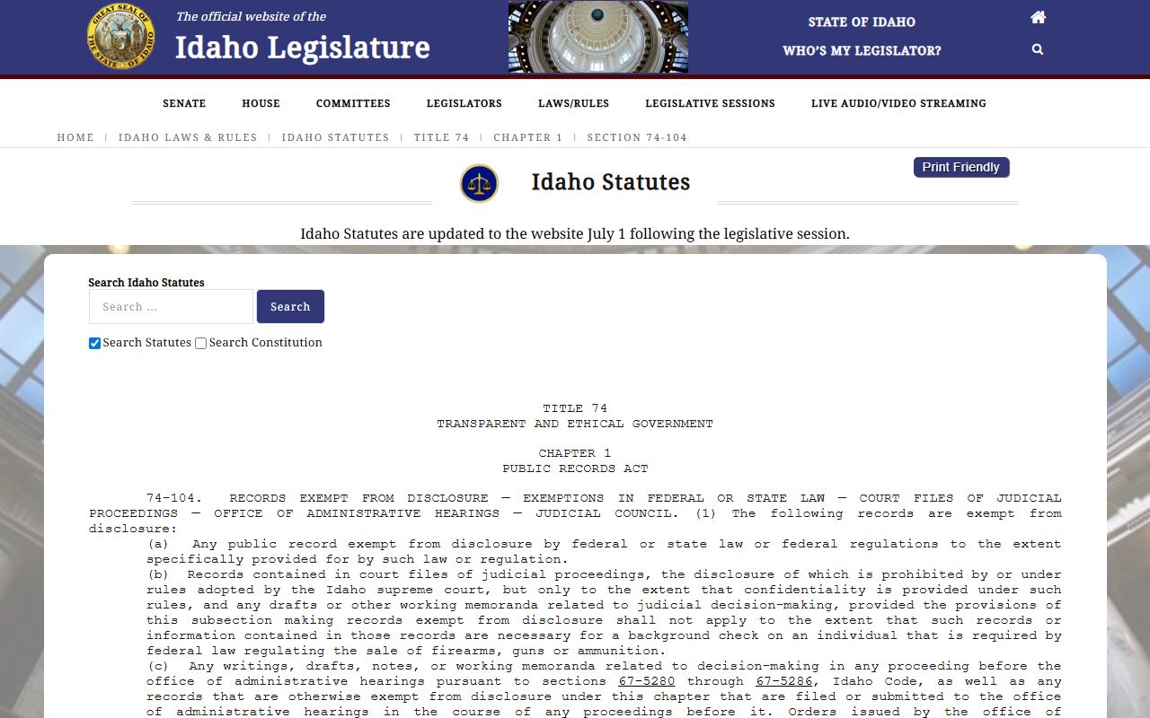 Idaho statute stating court records are governed by court rules