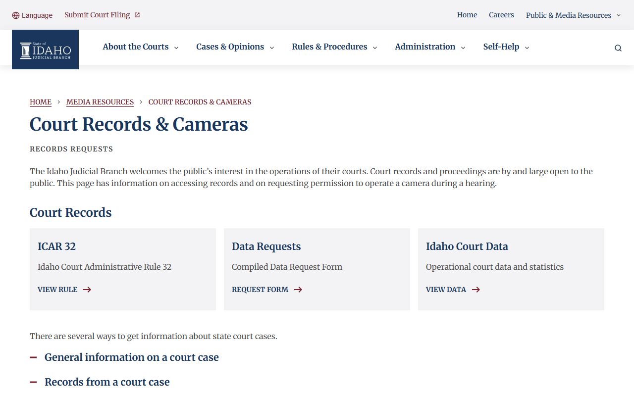 Idaho Judicial Branch court records and cameras access page