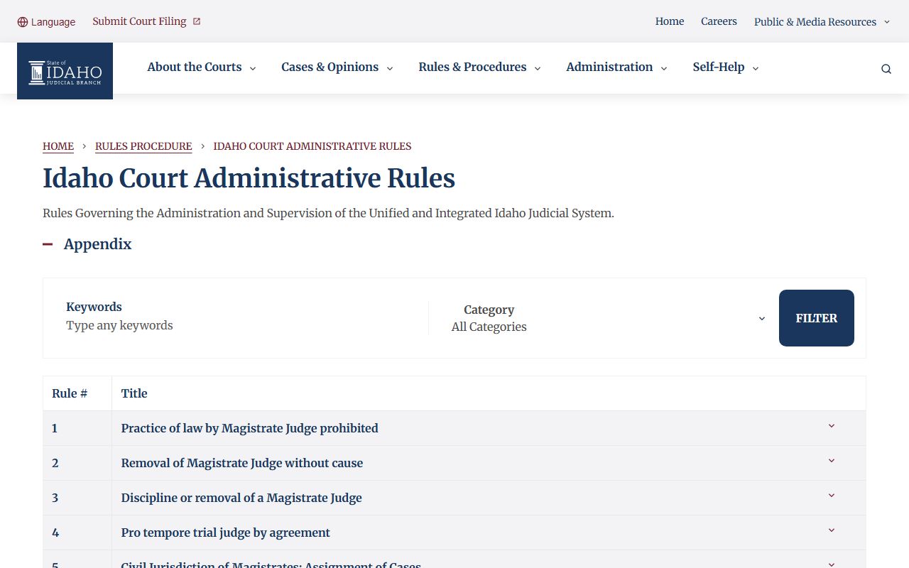 Idaho Court Administrative Rules page for court record access
