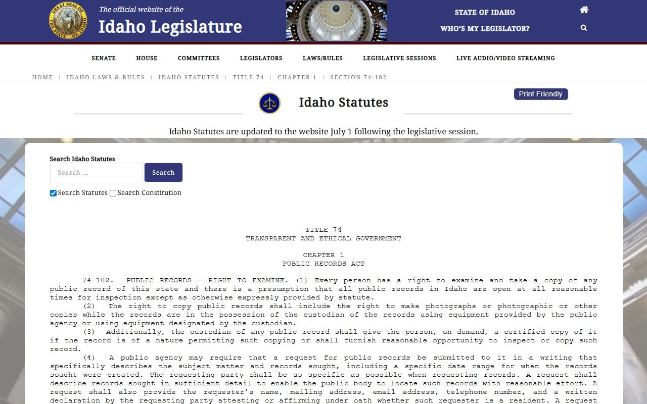 Idaho public records inspection statute page