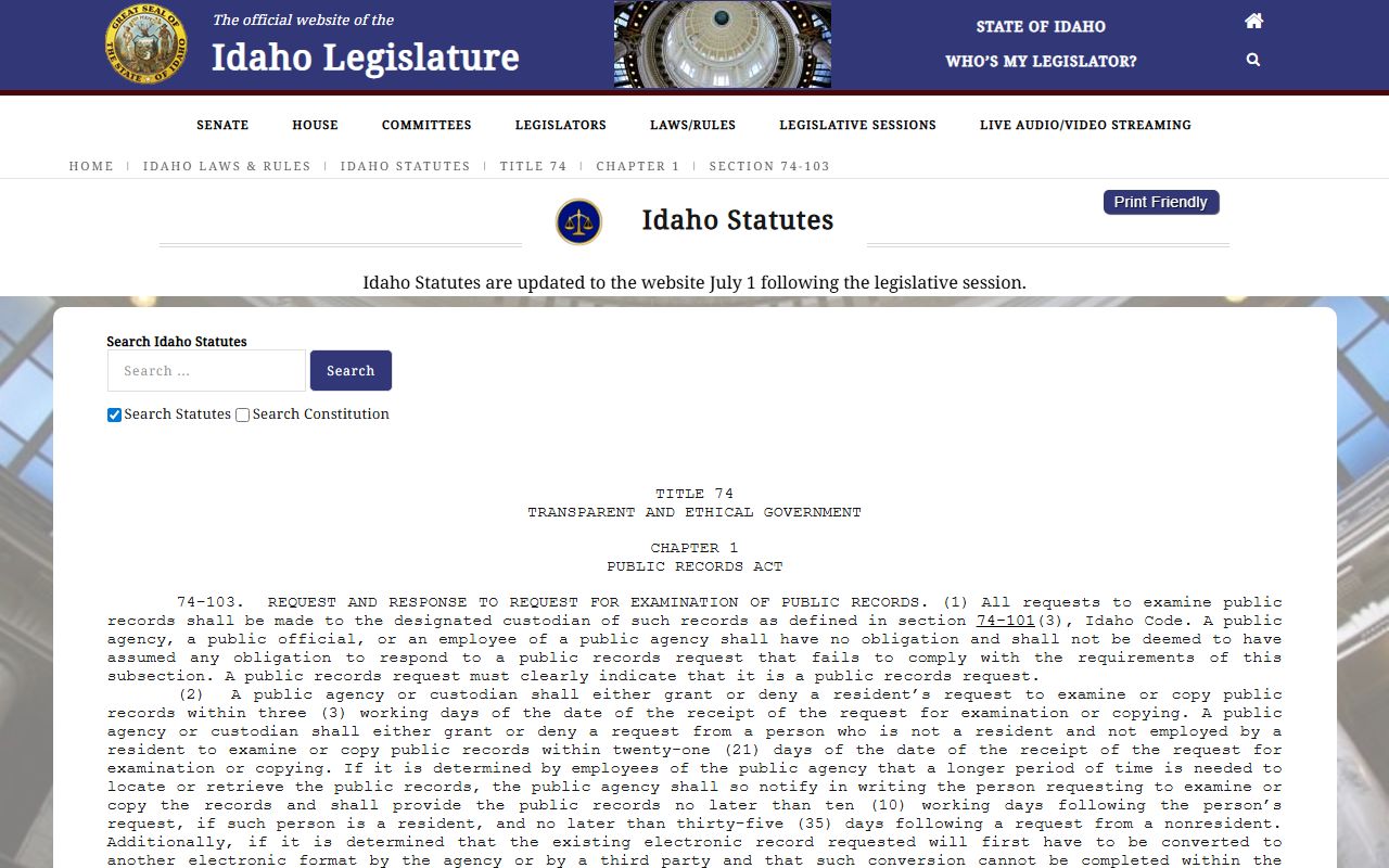 Idaho public records response and fee statute page