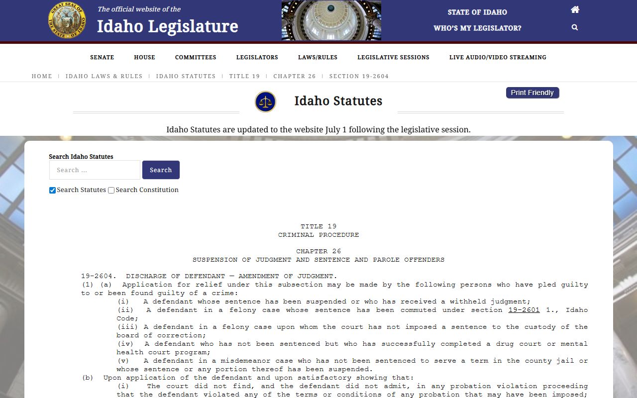 Idaho criminal dismissal and set-aside statute page