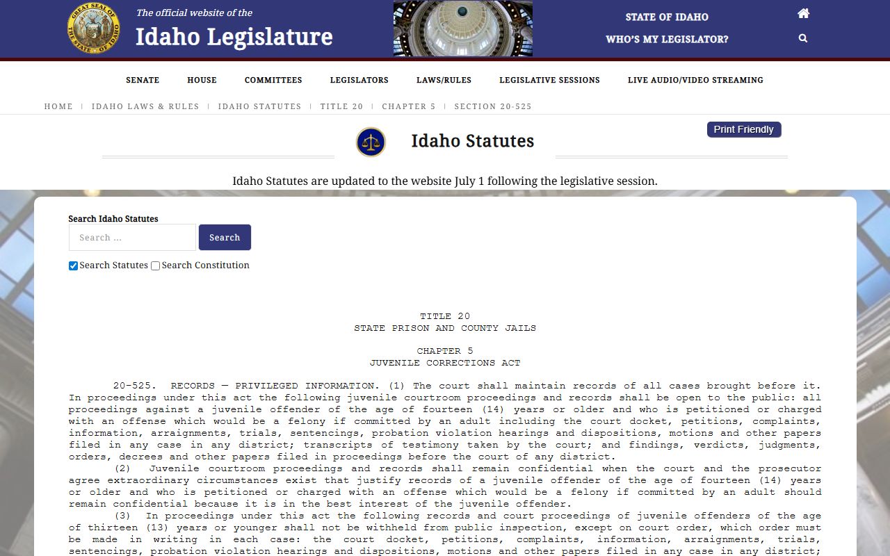 Idaho juvenile record access statute page