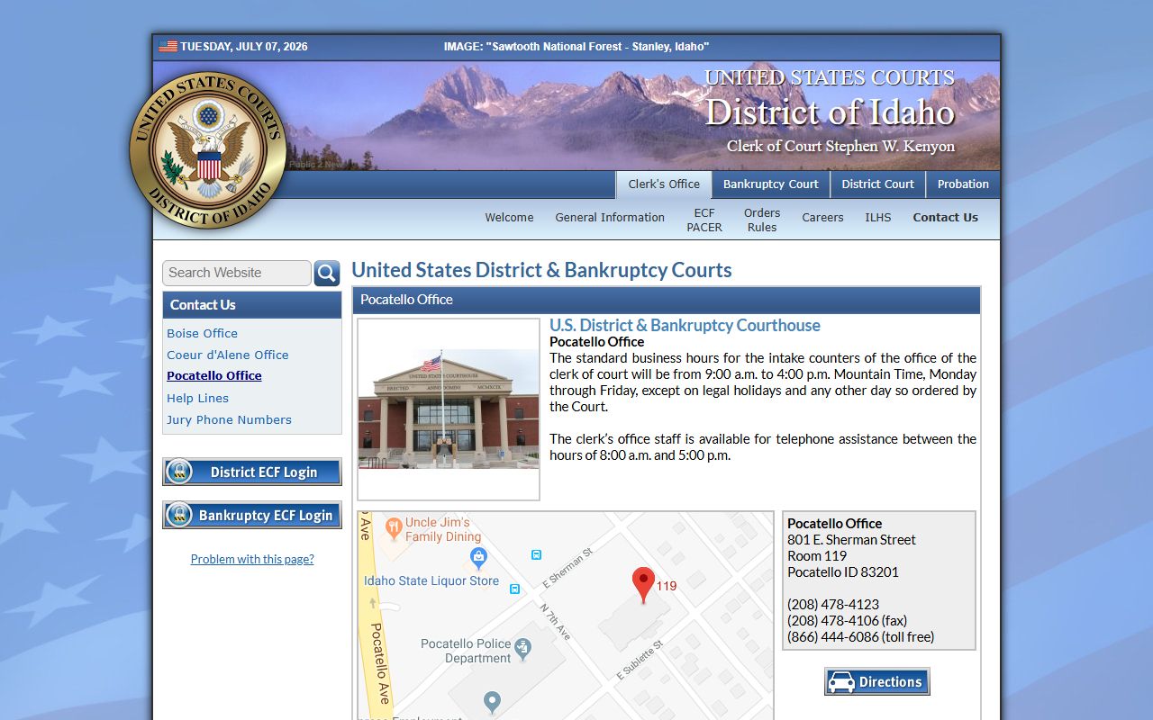 Bear Lake County District Court federal Pocatello office reference