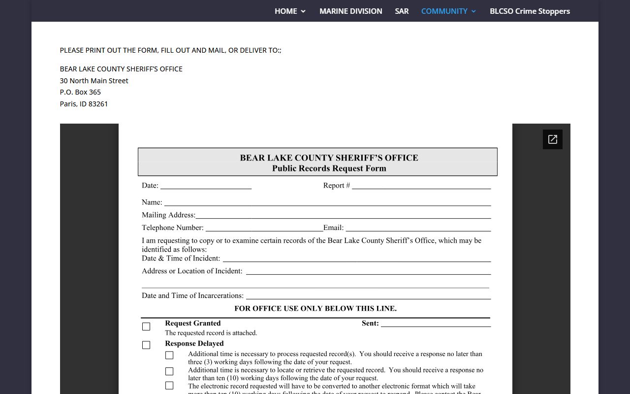 Bear Lake County inmate records BLCSO public records request