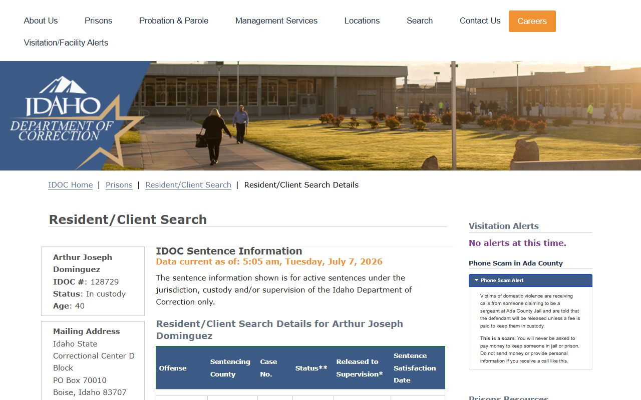 Bear Lake County inmate records IDOC sample detail