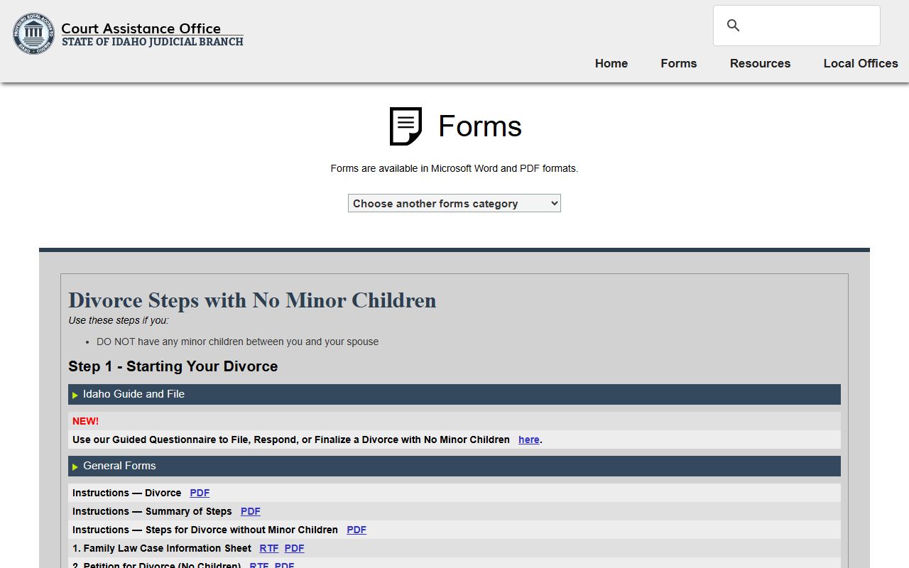 Bear Lake County marriage and divorce records Idaho divorce forms page