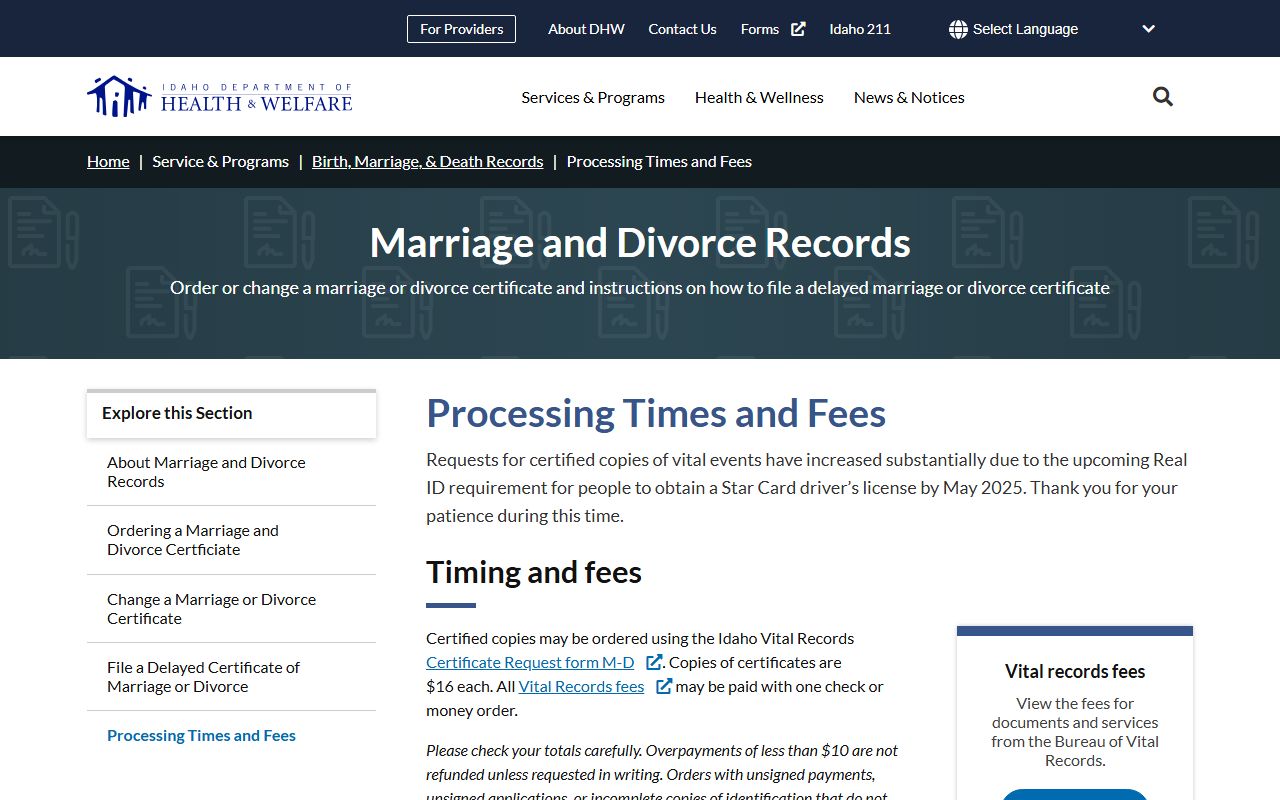 Bear Lake County marriage and divorce records Idaho DHW fee page