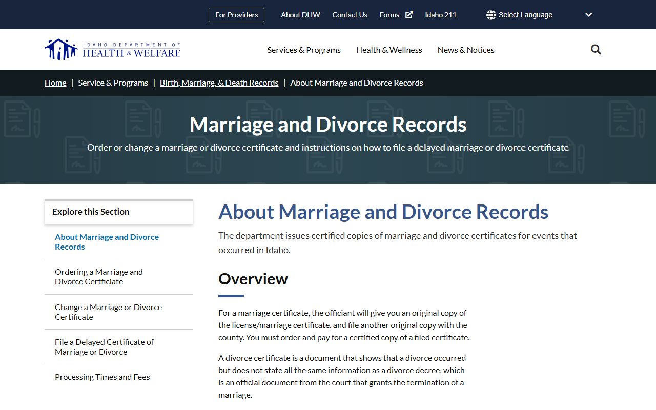 Bear Lake County marriage and divorce records Idaho DHW record information page