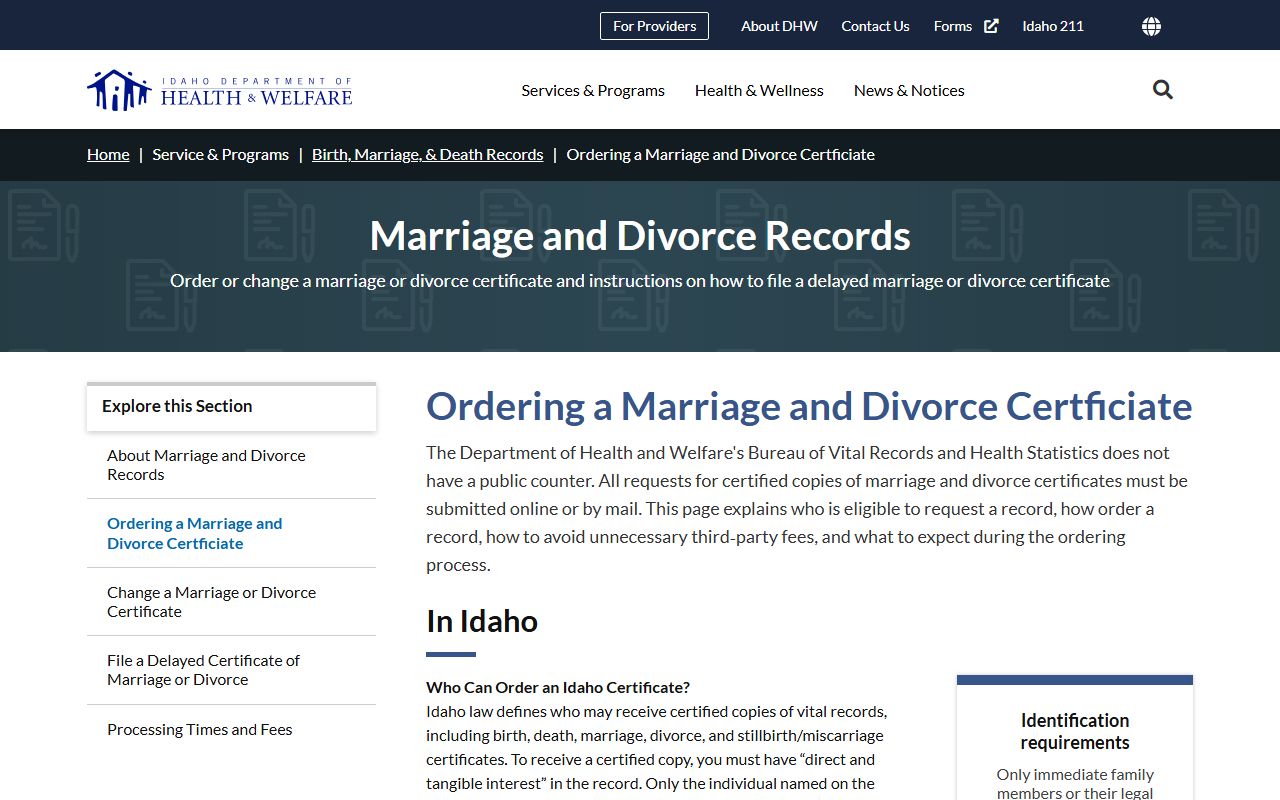 Bear Lake County marriage and divorce records Idaho DHW certificate ordering page