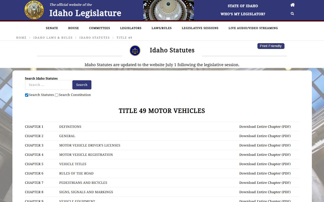 Bear Lake County traffic court records Idaho motor vehicles statute page